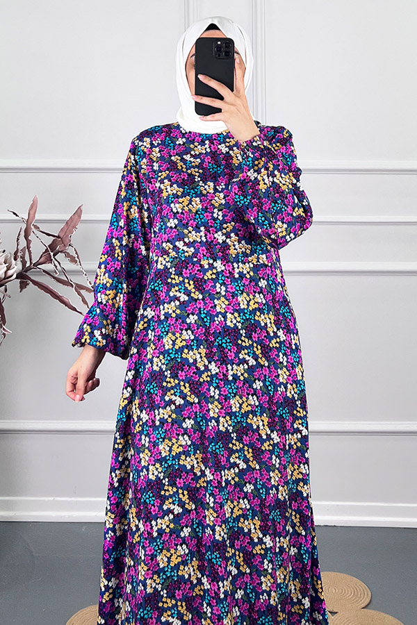 Pamuk Viskon Belden Oturtmalı Elbise - Mor