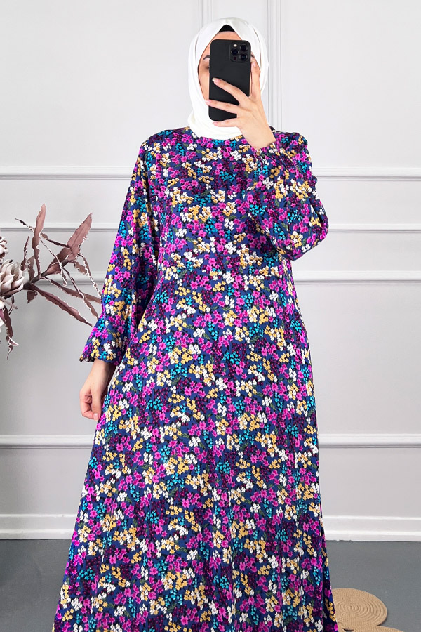 Pamuk Viskon Belden Oturtmalı Elbise - Mor