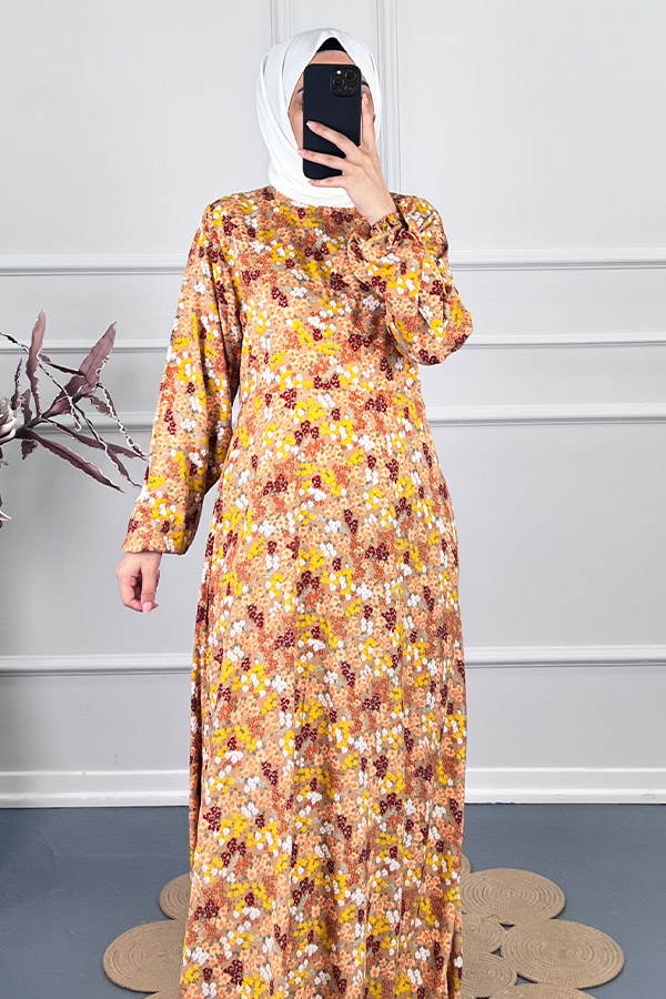 Pamuk Viskon Belden Oturtmalı Elbise - Sarı