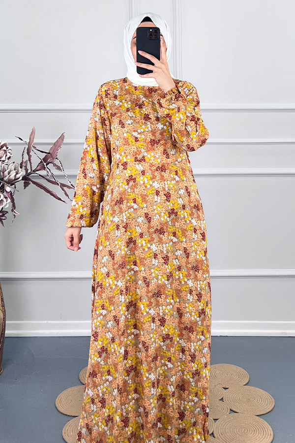 Pamuk Viskon Belden Oturtmalı Elbise - Sarı