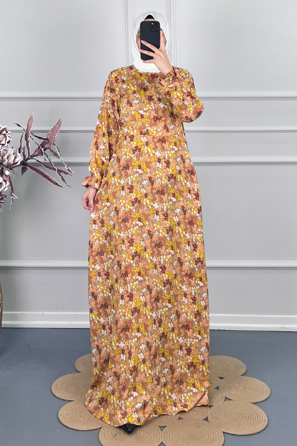 Pamuk Viskon Belden Oturtmalı Elbise - Sarı