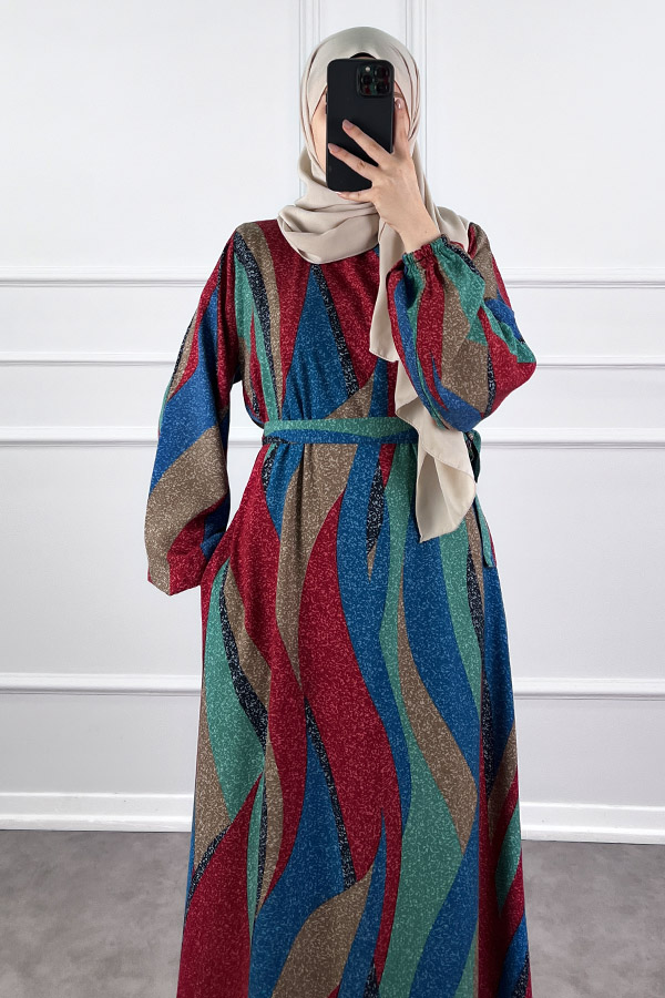 Pamuk Viskon Renkli Elbise - Bordo