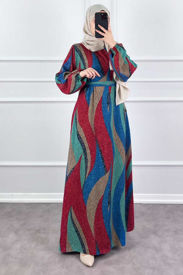 Pamuk Viskon Renkli Elbise - Bordo