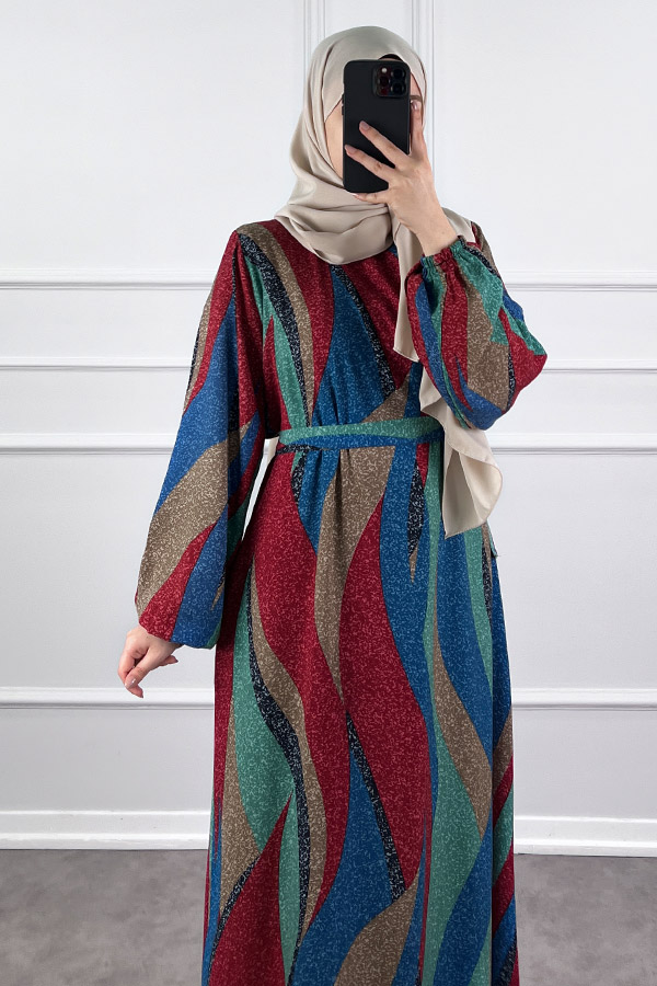 Pamuk Viskon Renkli Elbise - Bordo