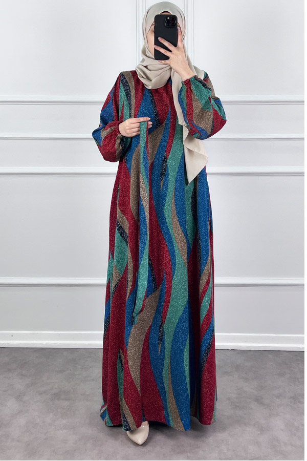 Pamuk Viskon Renkli Elbise - Bordo