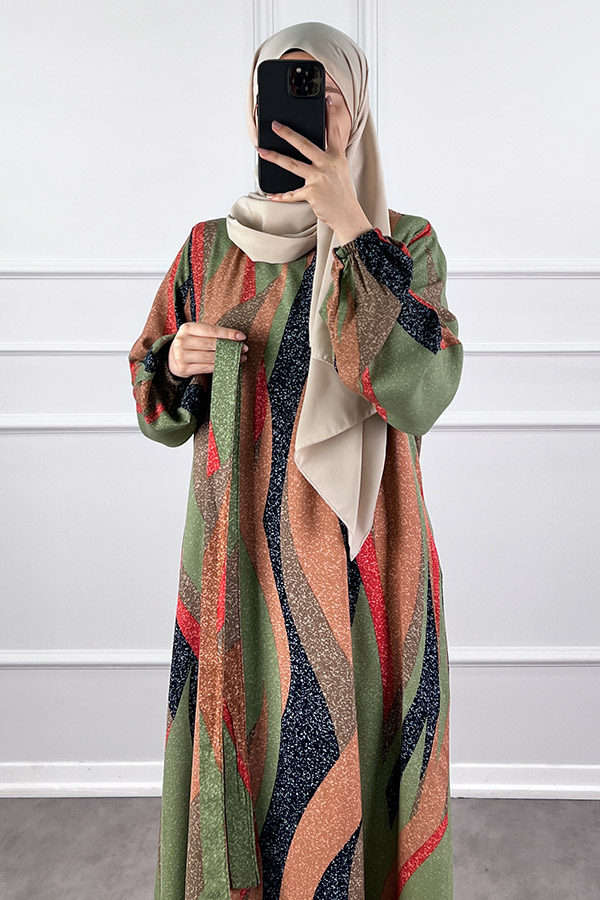 Pamuk Viskon Renkli Elbise - Sütlü Kahve