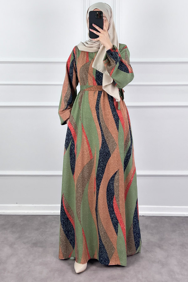 Pamuk Viskon Renkli Elbise - Sütlü Kahve