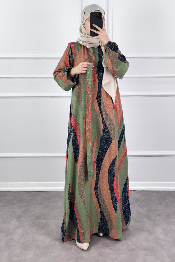 Pamuk Viskon Renkli Elbise - Sütlü Kahve