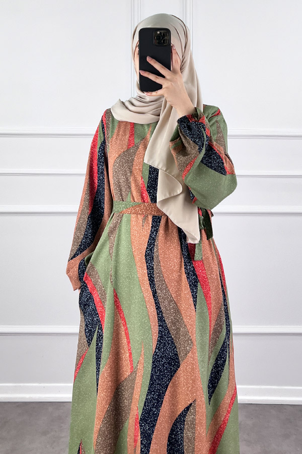 Pamuk Viskon Renkli Elbise - Sütlü Kahve