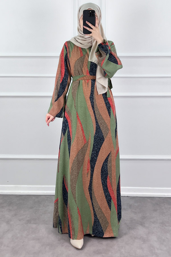 Pamuk Viskon Renkli Elbise - Sütlü Kahve