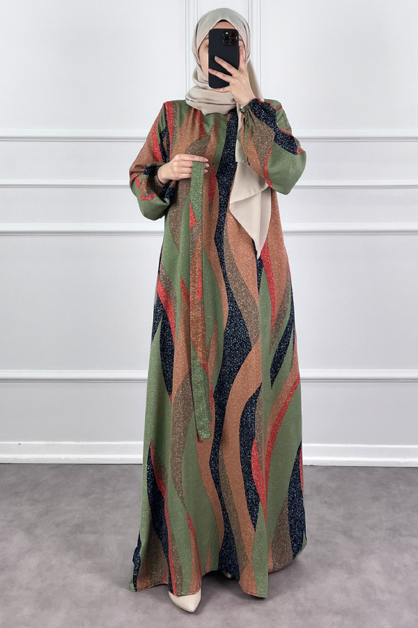 Pamuk Viskon Renkli Elbise - Sütlü Kahve