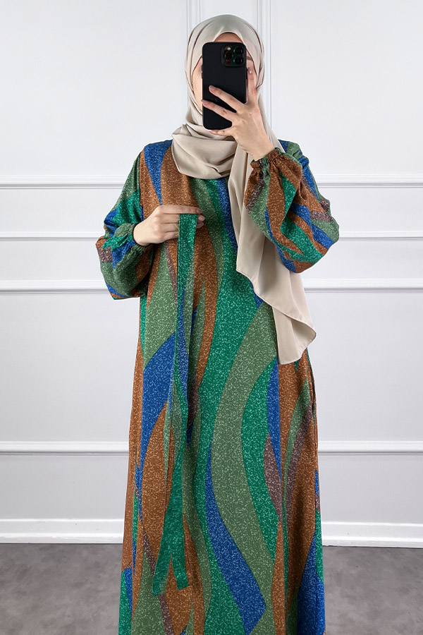 Pamuk Viskon Renkli Elbise - Yeşil