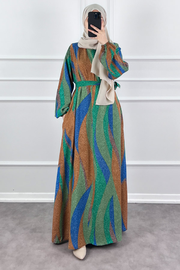 Pamuk Viskon Renkli Elbise - Yeşil