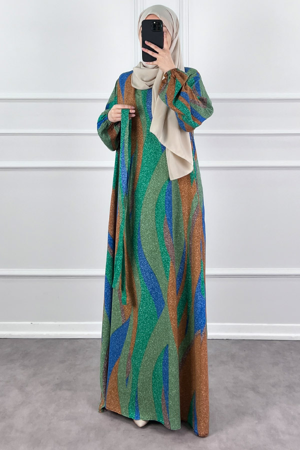 Pamuk Viskon Renkli Elbise - Yeşil