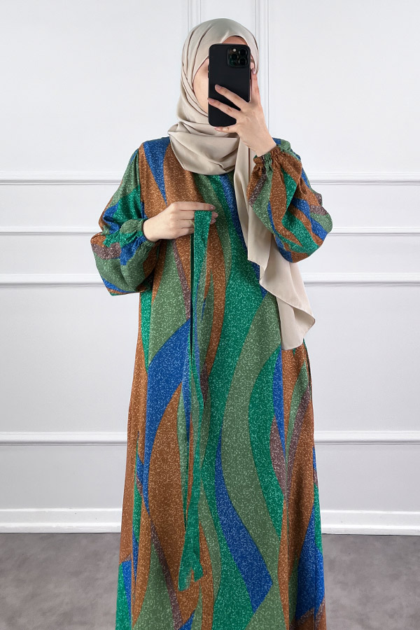 Pamuk Viskon Renkli Elbise - Yeşil