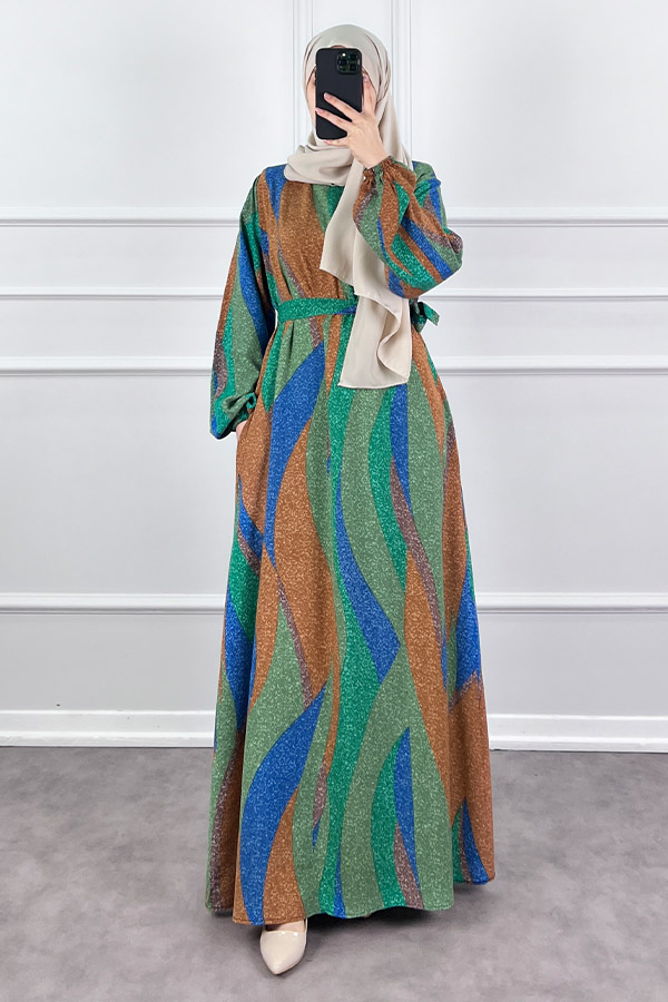 Pamuk Viskon Renkli Elbise - Yeşil