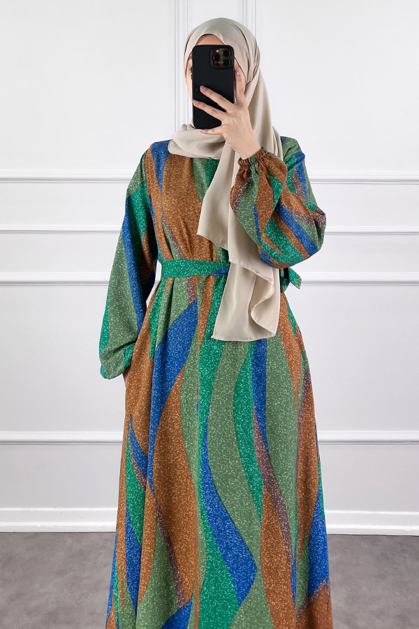 Pamuk Viskon Renkli Elbise - Yeşil