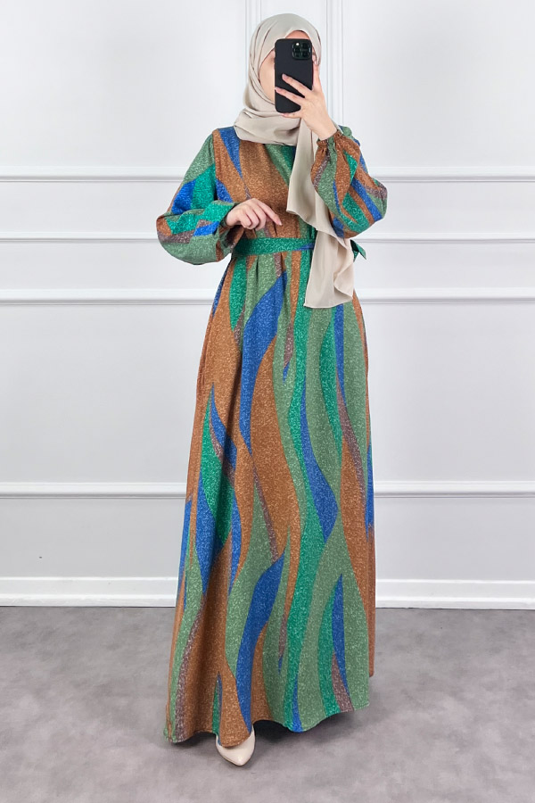 Pamuk Viskon Renkli Elbise - Yeşil