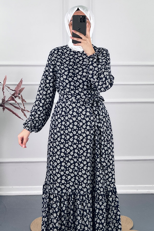 Papatya Desenli Kışlık Süet Elbise - Siyah