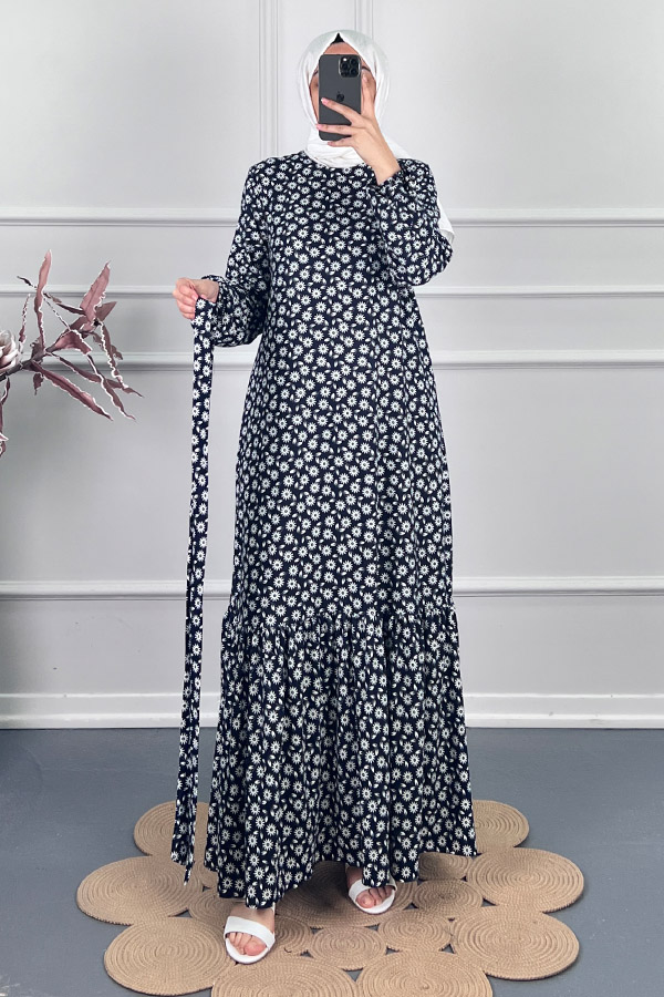 Papatya Desenli Kışlık Süet Elbise - Siyah