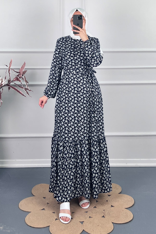 Papatya Desenli Kışlık Süet Elbise - Siyah