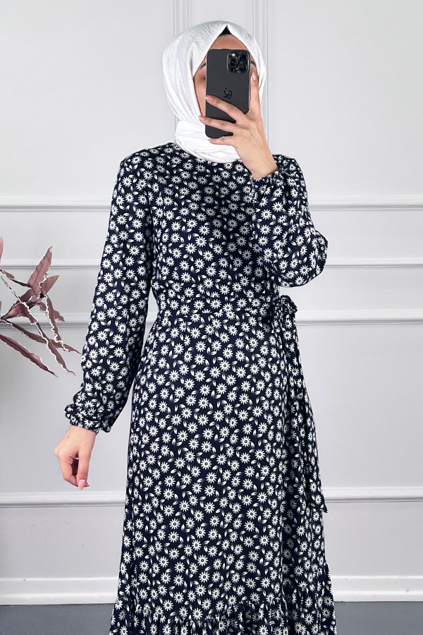 Papatya Desenli Kışlık Süet Elbise - Siyah