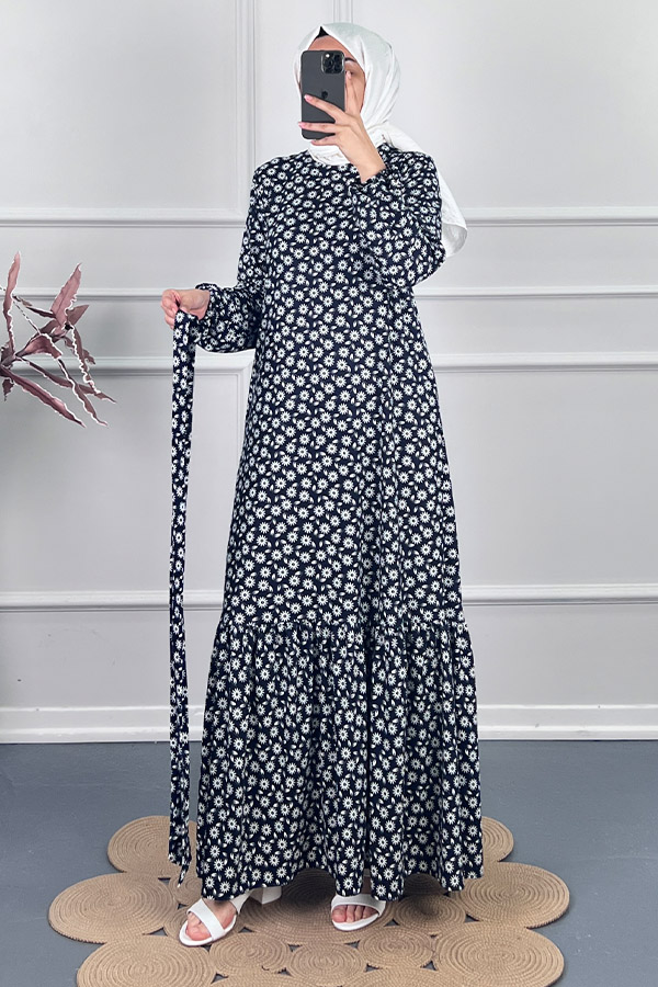 Papatya Desenli Kışlık Süet Elbise - Siyah