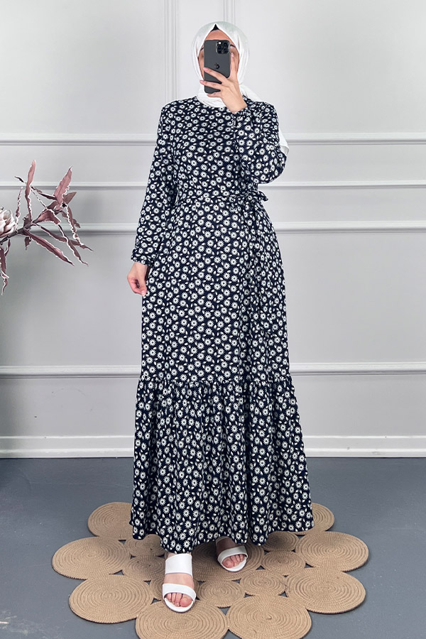 Papatya Desenli Kışlık Süet Elbise - Siyah