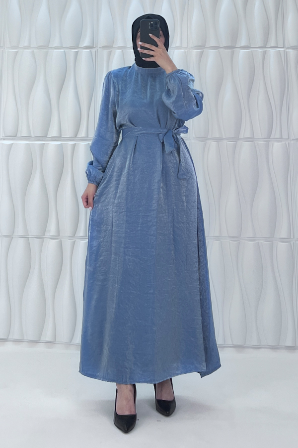 Parıltılı Kumaş Elbise - Mavi