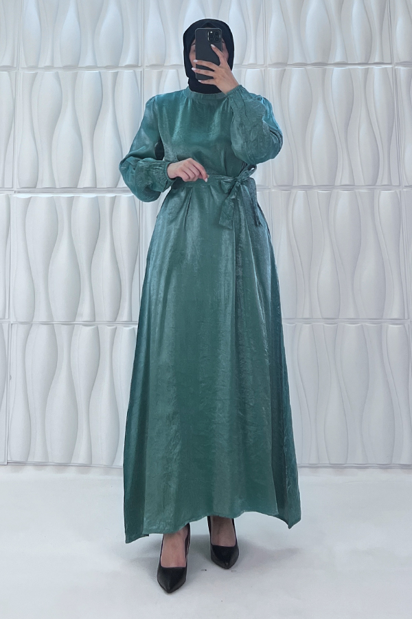 Parıltılı Kumaş Elbise - Yeşil