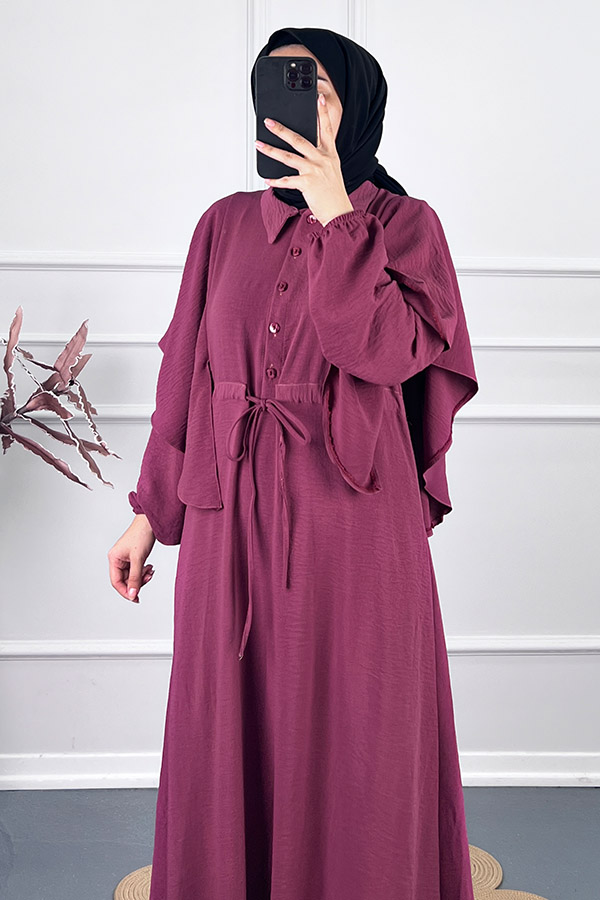 Pelerinli Tesettür Elbise - Bordo Pelerinli Tesettür Elbise - Bordo
