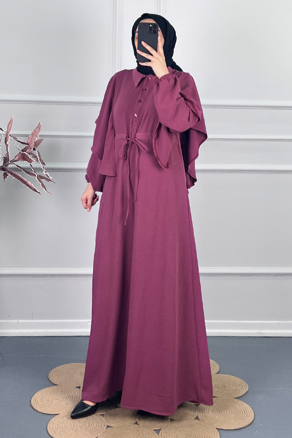 Pelerinli Tesettür Elbise - Bordo Pelerinli Tesettür Elbise - Bordo