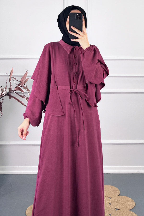 Pelerinli Tesettür Elbise - Bordo Pelerinli Tesettür Elbise - Bordo