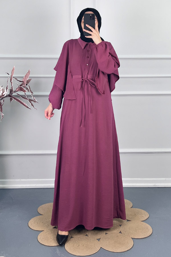 Pelerinli Tesettür Elbise - Bordo Pelerinli Tesettür Elbise - Bordo