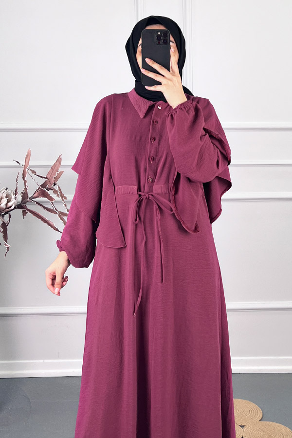 Pelerinli Tesettür Elbise - Bordo Pelerinli Tesettür Elbise - Bordo