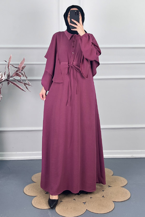 Pelerinli Tesettür Elbise - Bordo Pelerinli Tesettür Elbise - Bordo