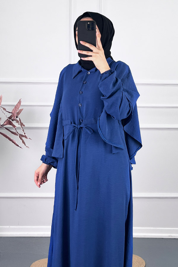 Pelerinli Tesettür Elbise - Mavi