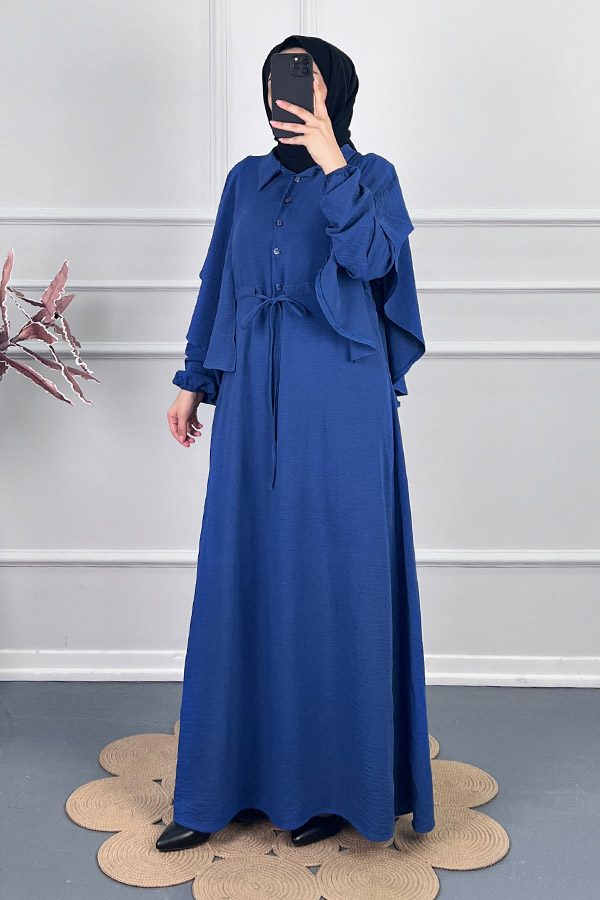 Pelerinli Tesettür Elbise - Mavi