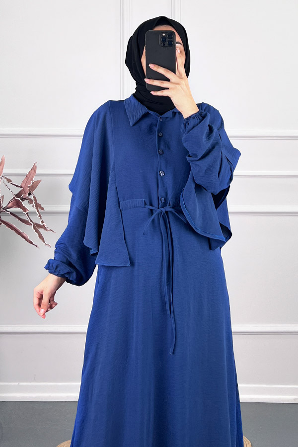 Pelerinli Tesettür Elbise - Mavi