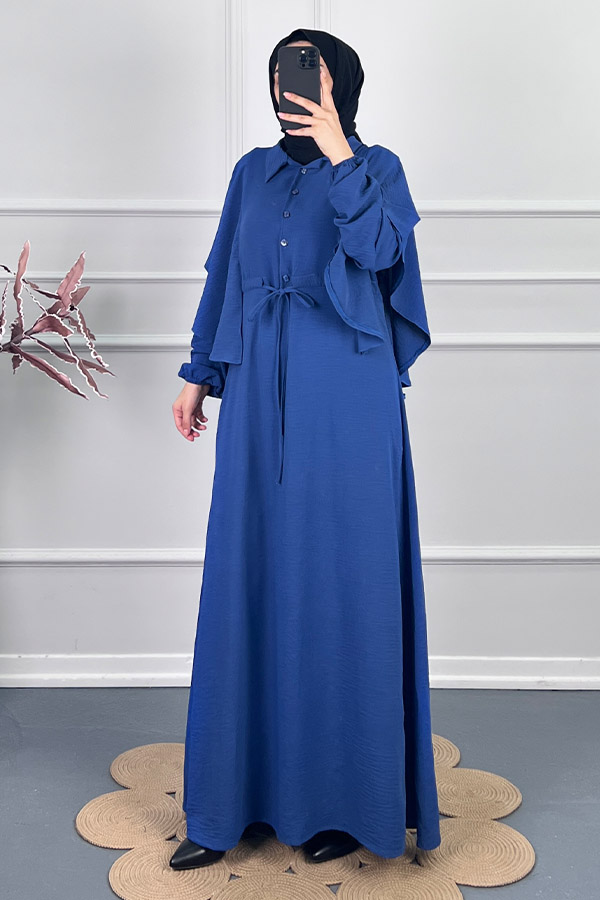 Pelerinli Tesettür Elbise - Mavi
