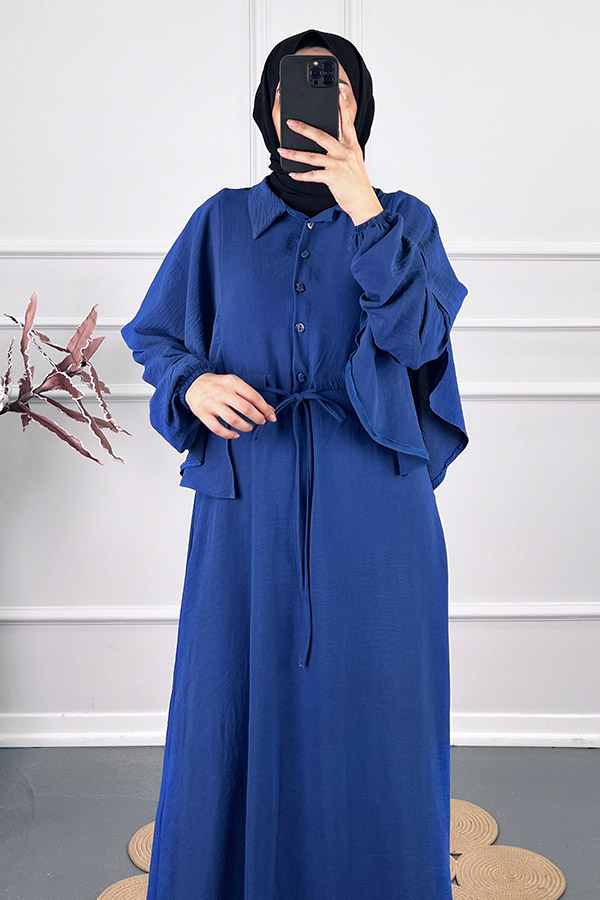 Pelerinli Tesettür Elbise - Mavi