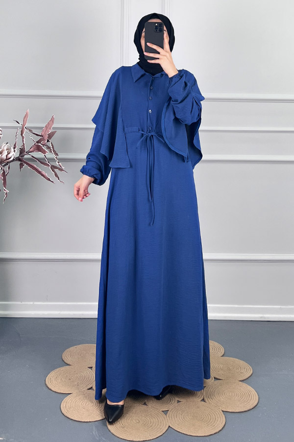 Pelerinli Tesettür Elbise - Mavi