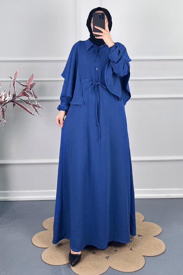 Pelerinli Tesettür Elbise - Mavi