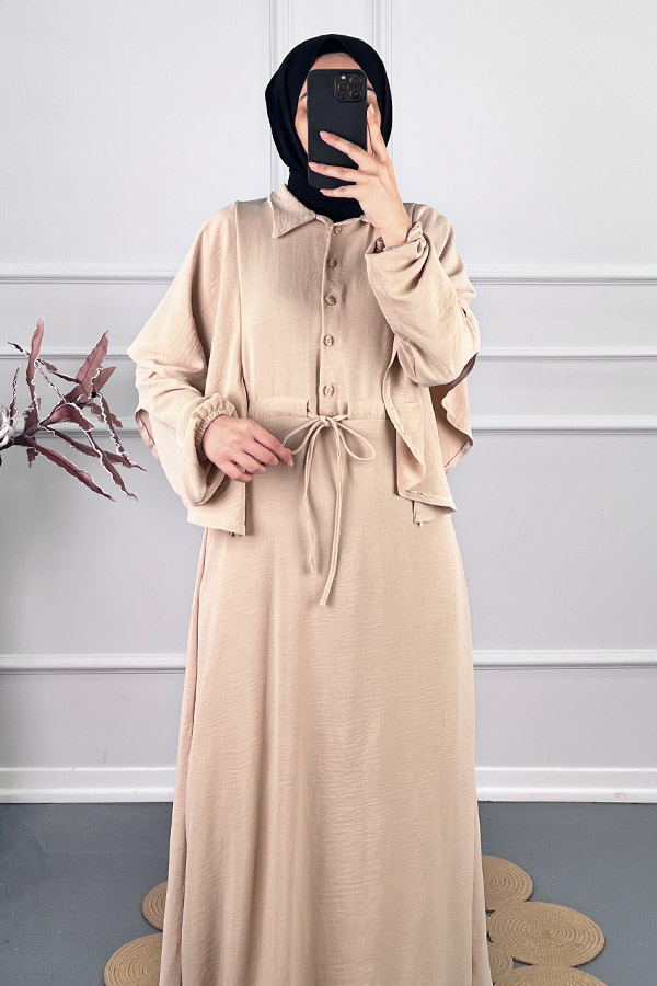 Pelerinli Tesettür Elbise - Taş