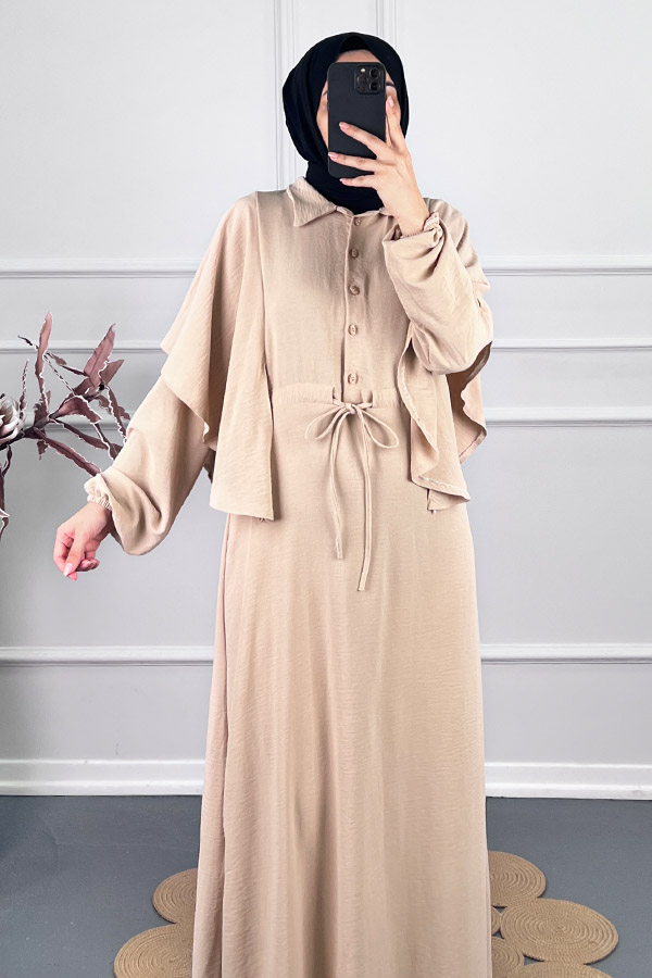 Pelerinli Tesettür Elbise - Taş