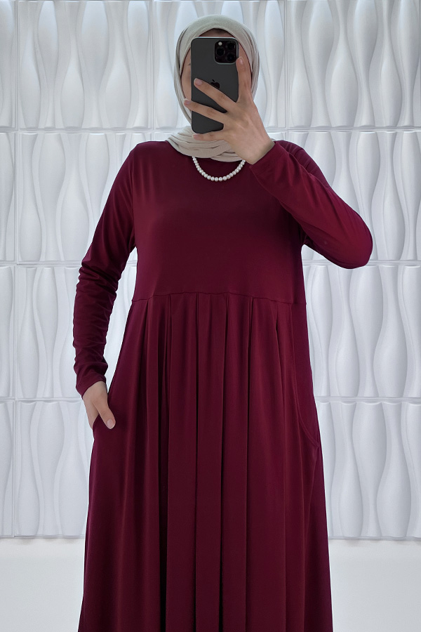 Pileli Cepli Elbise - Bordo