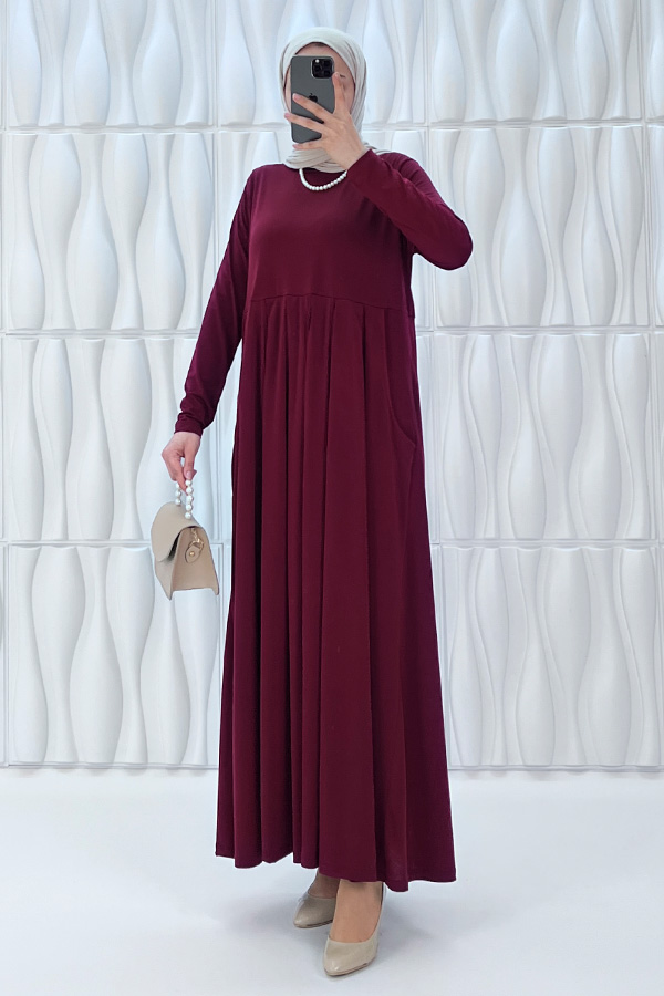 Pileli Cepli Elbise - Bordo