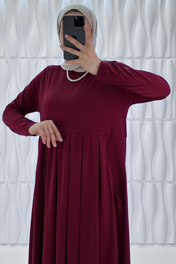 Pileli Cepli Elbise - Bordo