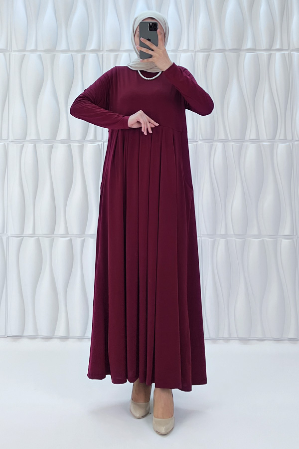 Pileli Cepli Elbise - Bordo