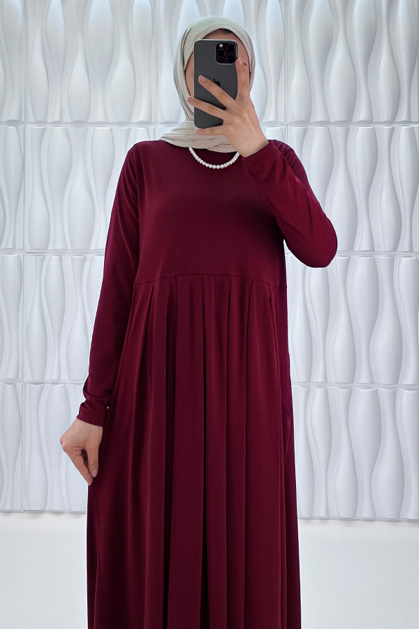 Pileli Cepli Elbise - Bordo